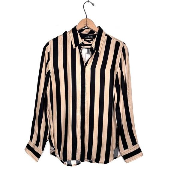 J. Crew | Classic Fit Cupro Blend Shirt In Stripe Black and Tan Size 6 NWT - Picture 2 of 8